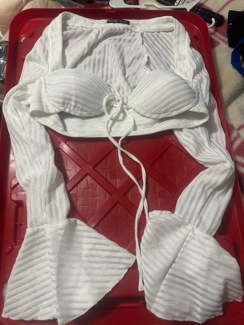 SHEIN White Ribbed Tie-Front Long Sleeve Crop Top